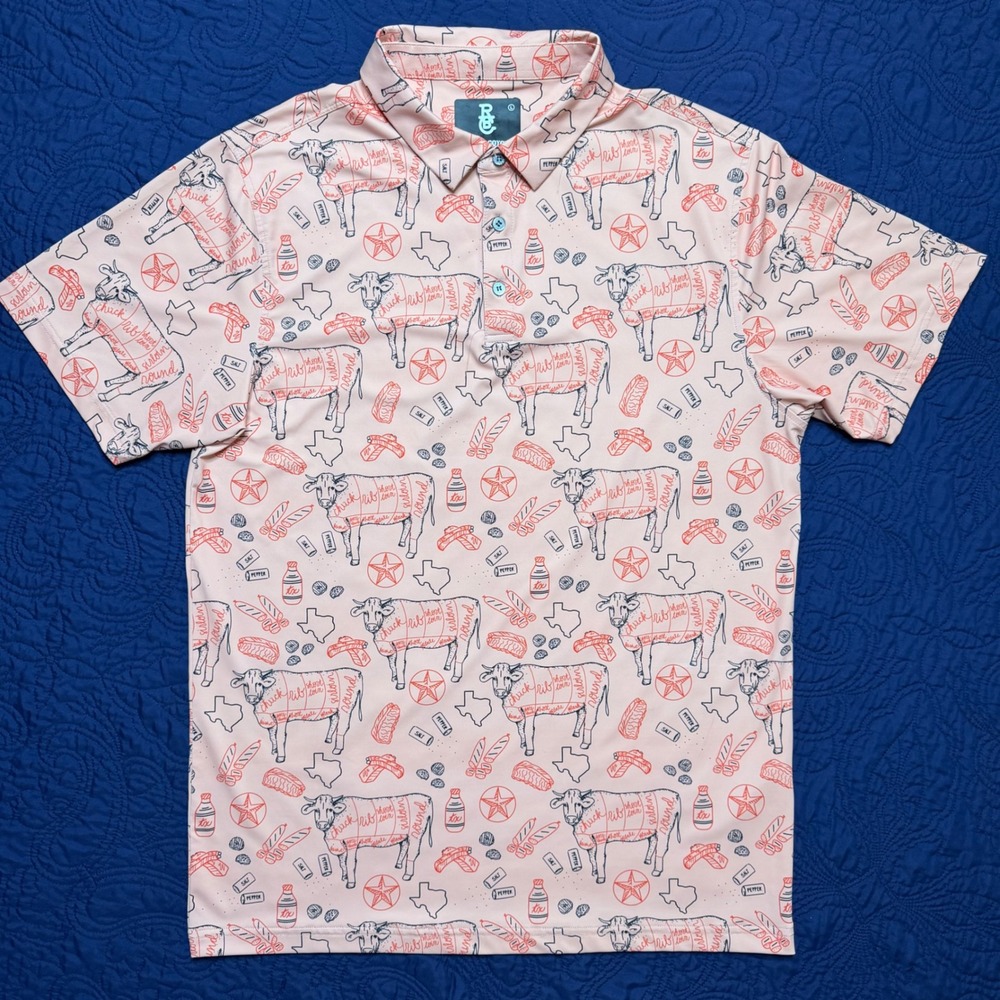 Raised by Coyotes Mens Large Texas BBQ Beef Cuts Polo USA Shirt Coral S/S